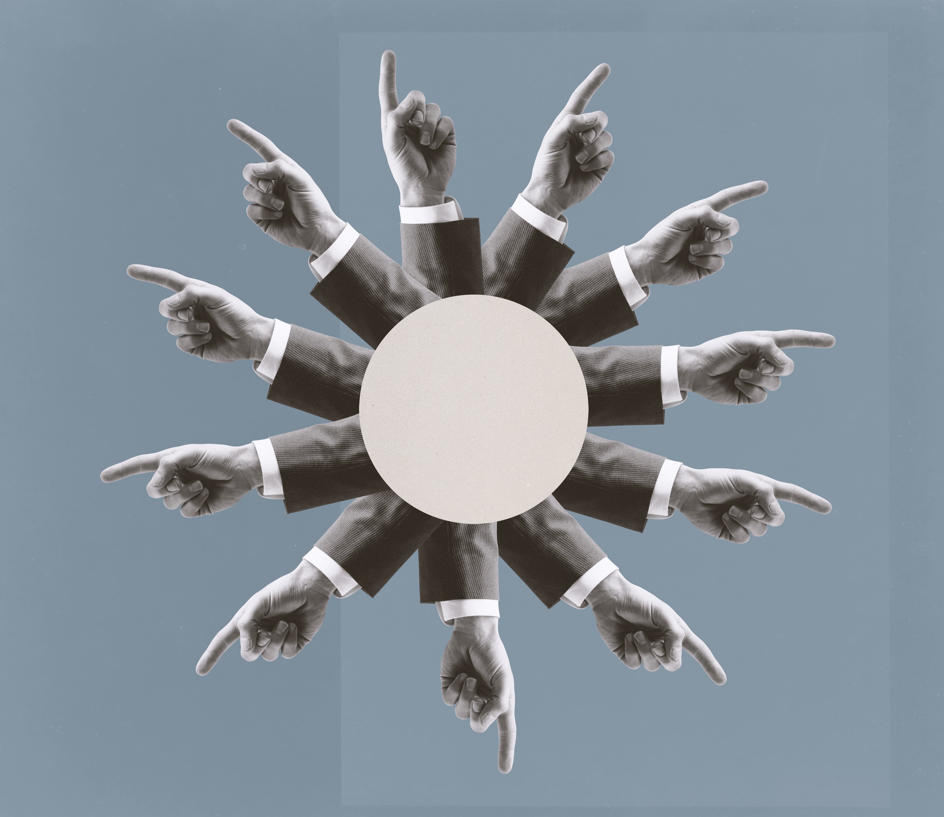 A radial pattern of suited arms pointing fingers inward from every direction.