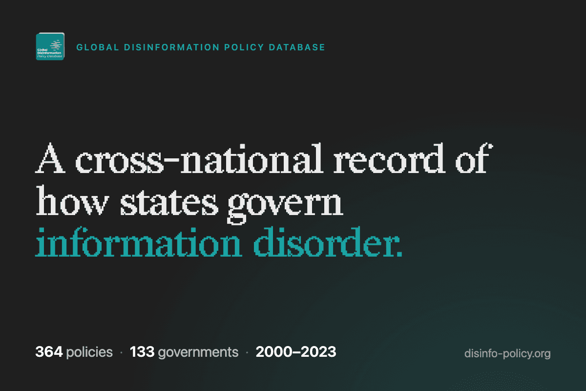 The GDPD card, reading "A cross-national record of how states govern information disorder" over the corpus headline numbers.